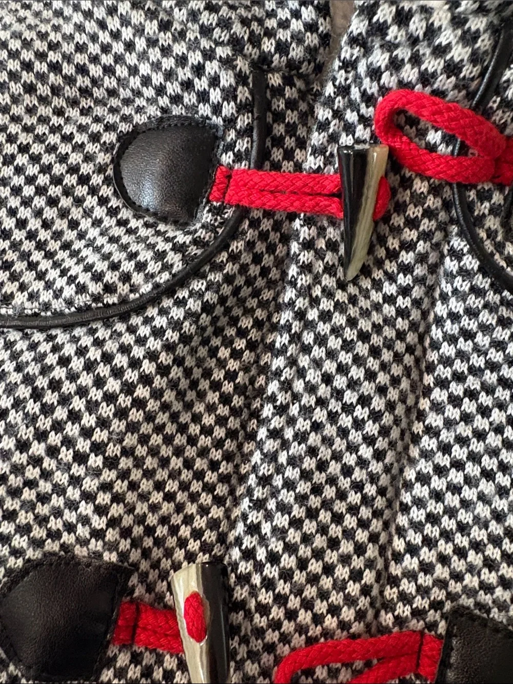 Catimini Black & White Checked Hooded Pea Coat with Red Toggle Accents